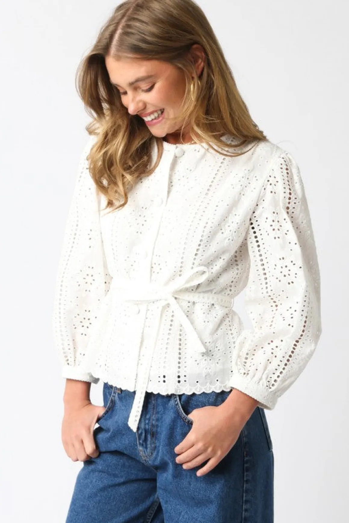 Faith Long Sleeve Button Down Waist Tie Eyelet Top White