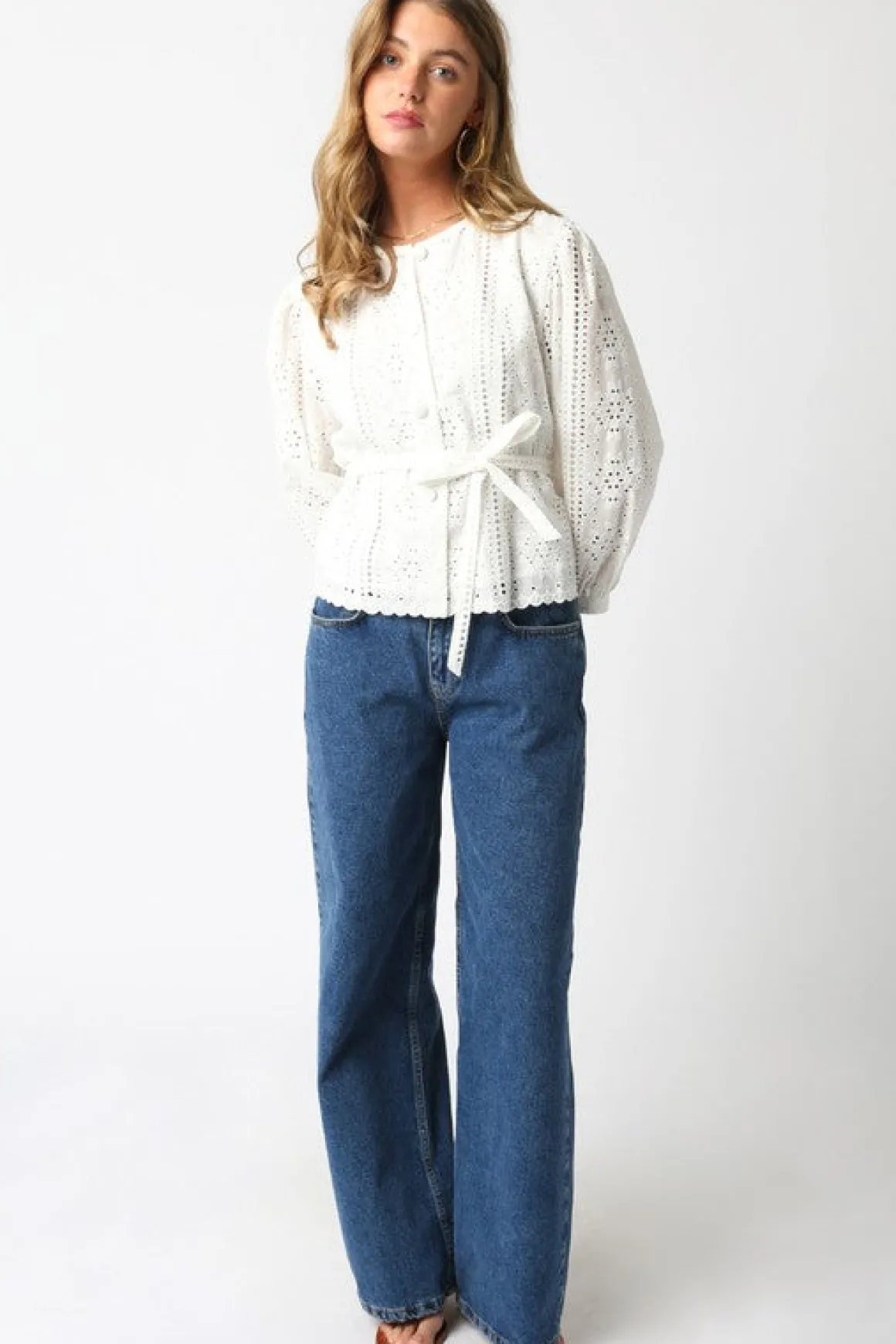 Faith Long Sleeve Button Down Waist Tie Eyelet Top White