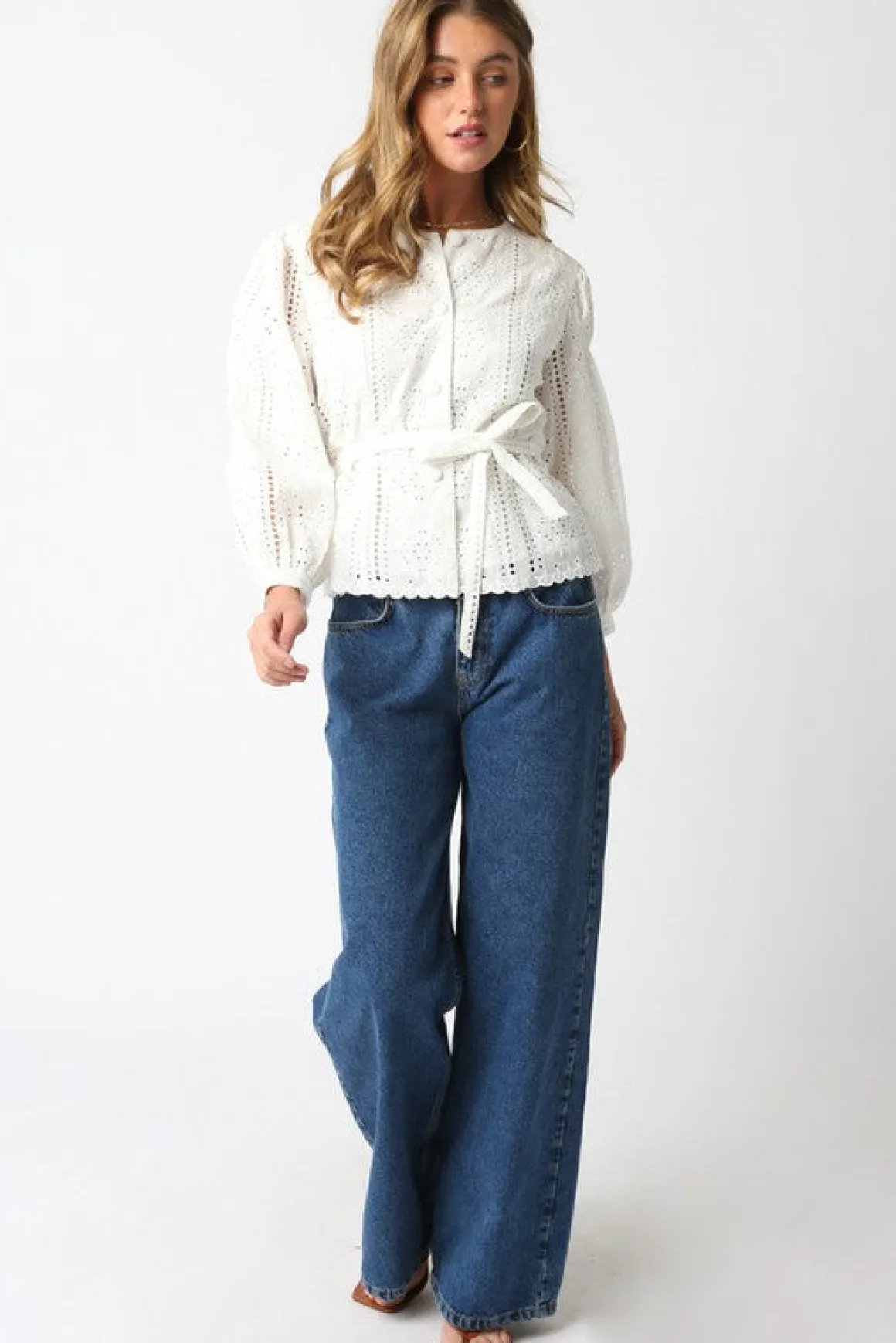 Faith Long Sleeve Button Down Waist Tie Eyelet Top White