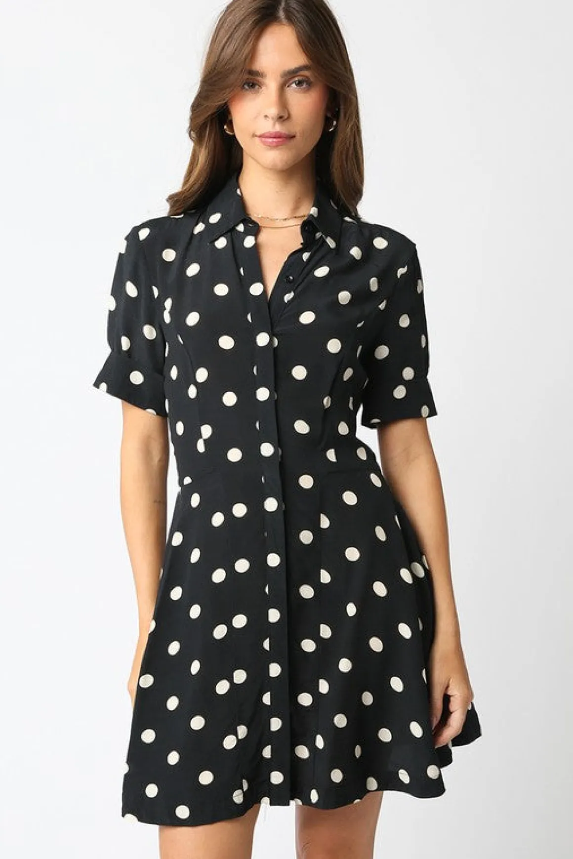 Felicia Short Sleeve Button Down Polka Dot Mini Dress Black