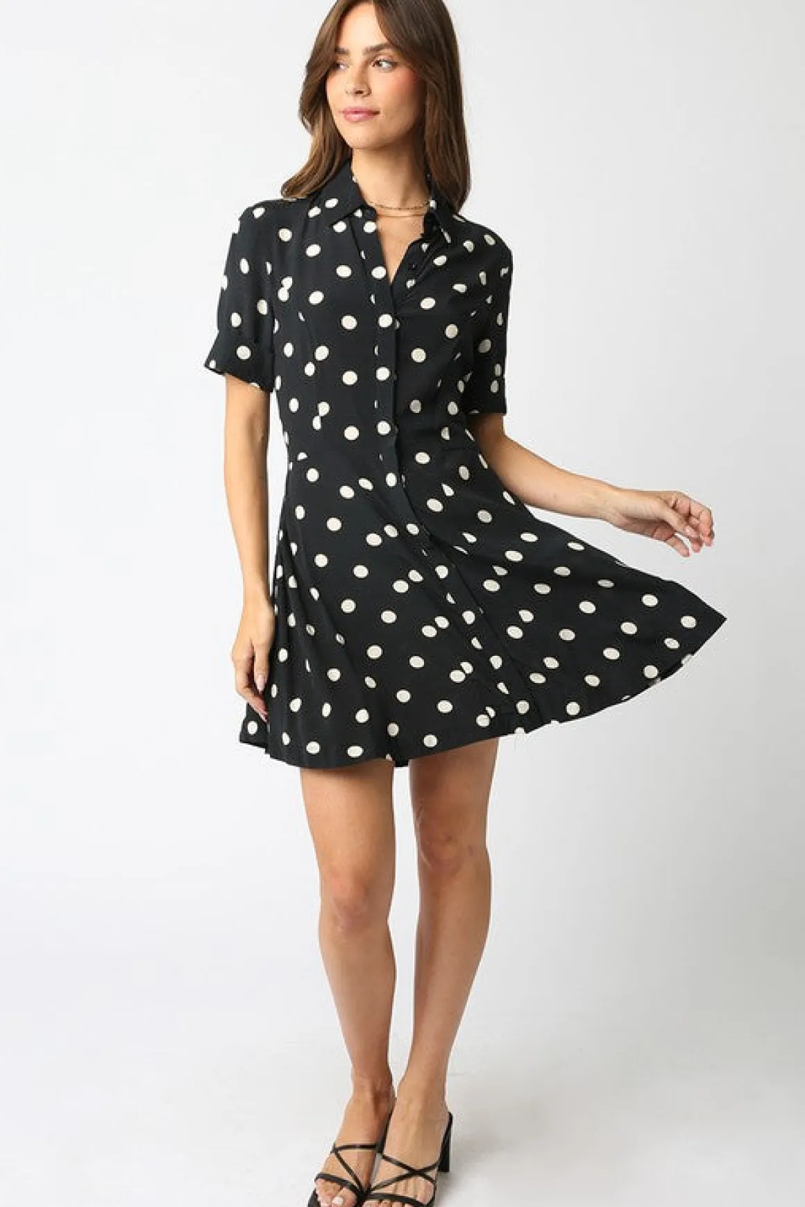 Felicia Short Sleeve Button Down Polka Dot Mini Dress Black