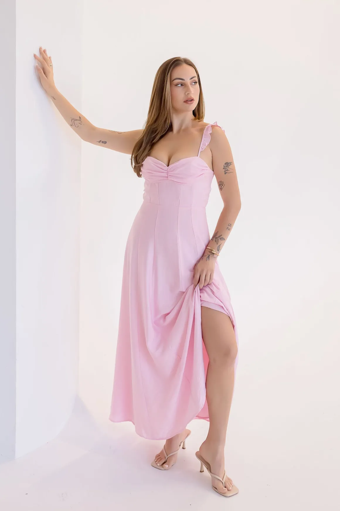 Francesca Sleeveless Ruffle Shoulder Maxi Dress Pink