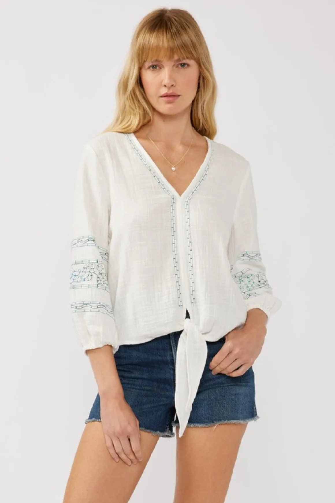 Gianna 3/4 Sleeve Embroidered Front Tie Top White