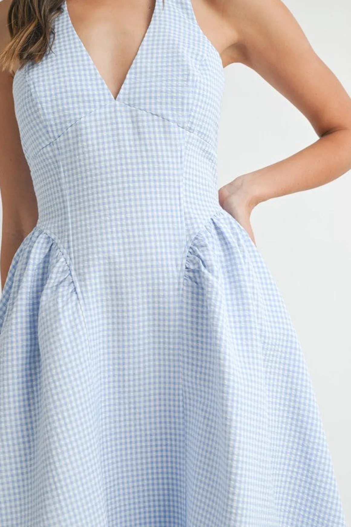 Gigi Sleeveless Halter Gingham Print Midi Dress Blue