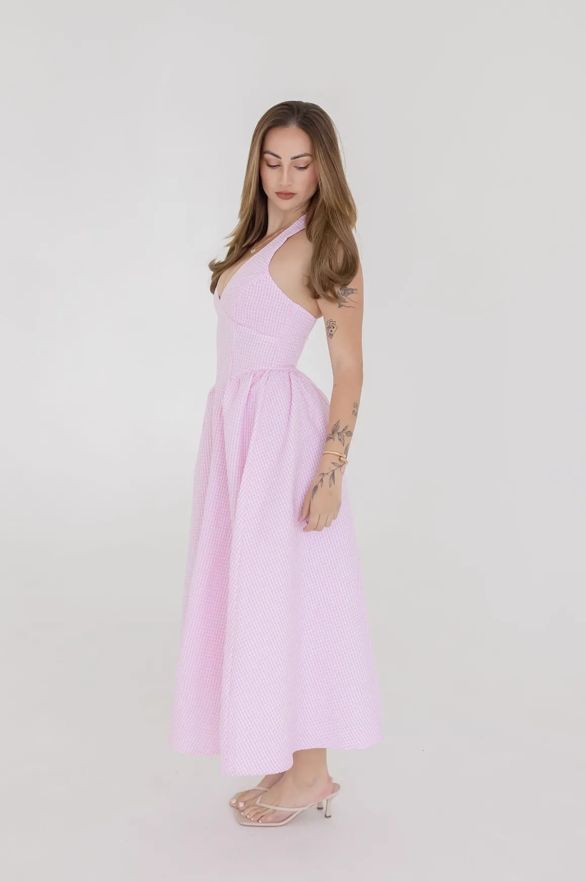 Gigi Sleeveless Halter Gingham Print Midi Dress Pink