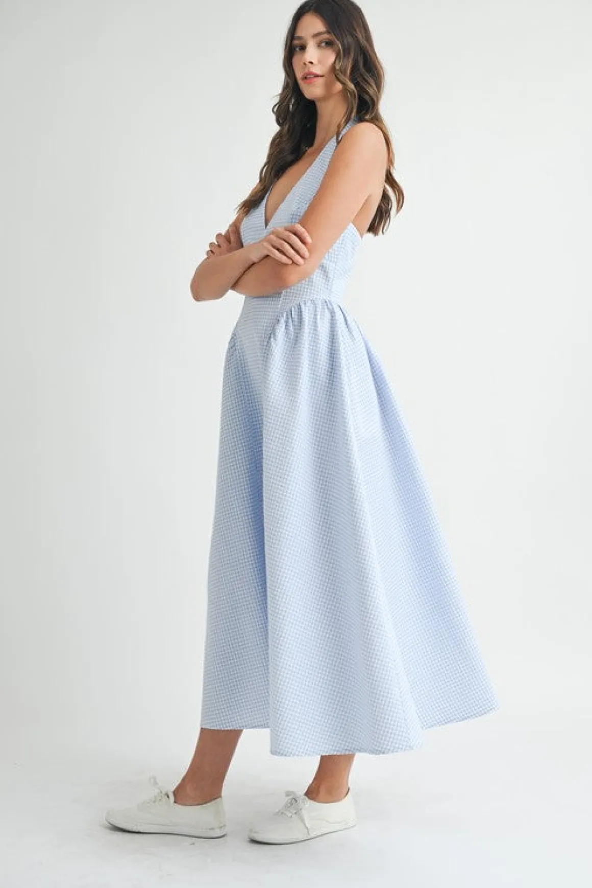 Gigi Sleeveless Halter Gingham Print Midi Dress Blue