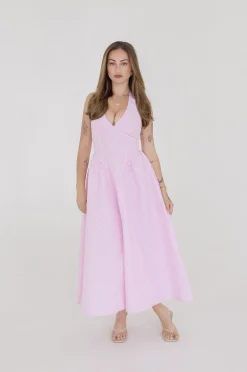 Gigi Sleeveless Halter Gingham Print Midi Dress Pink