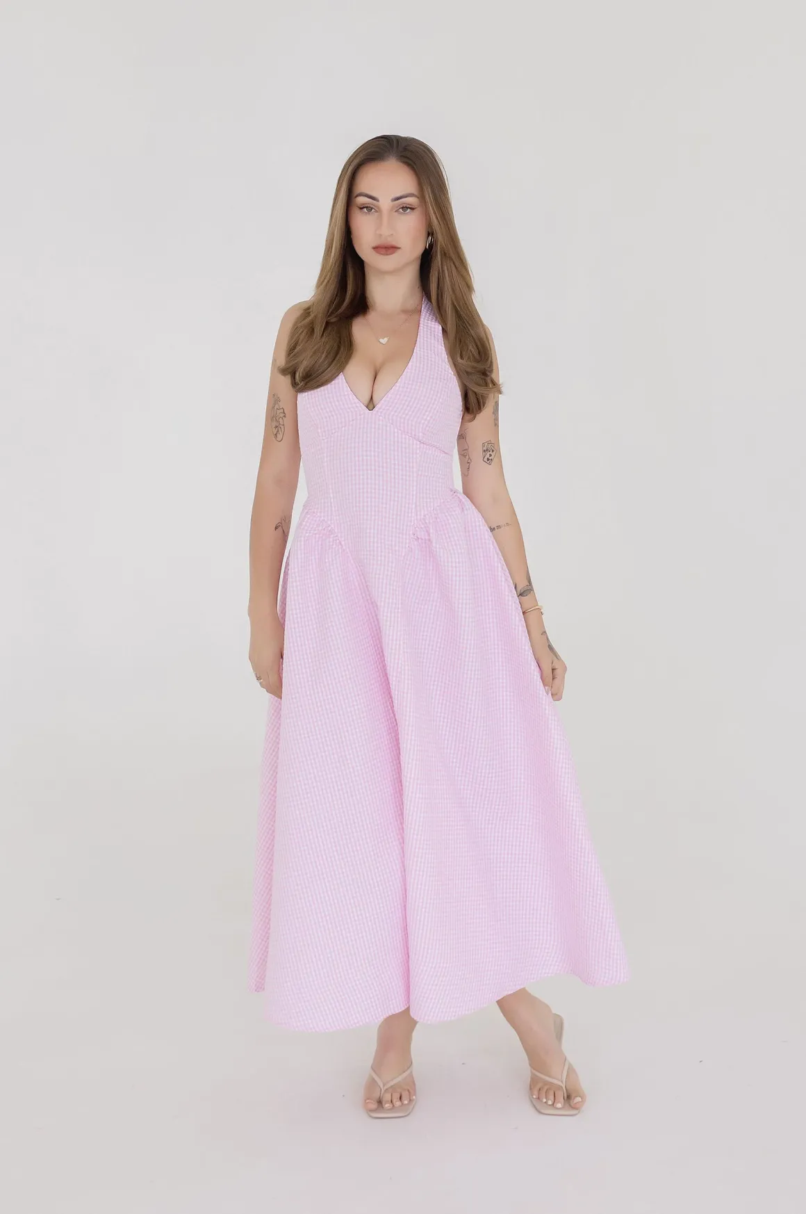 Gigi Sleeveless Halter Gingham Print Midi Dress Pink