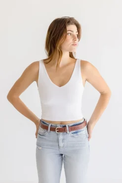Greer Contrast Stitched Rectangle Buckle Belt Cognac