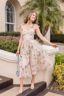 Hadley Sleeveless Shoulder Tie Floral Print Midi Dress Blush