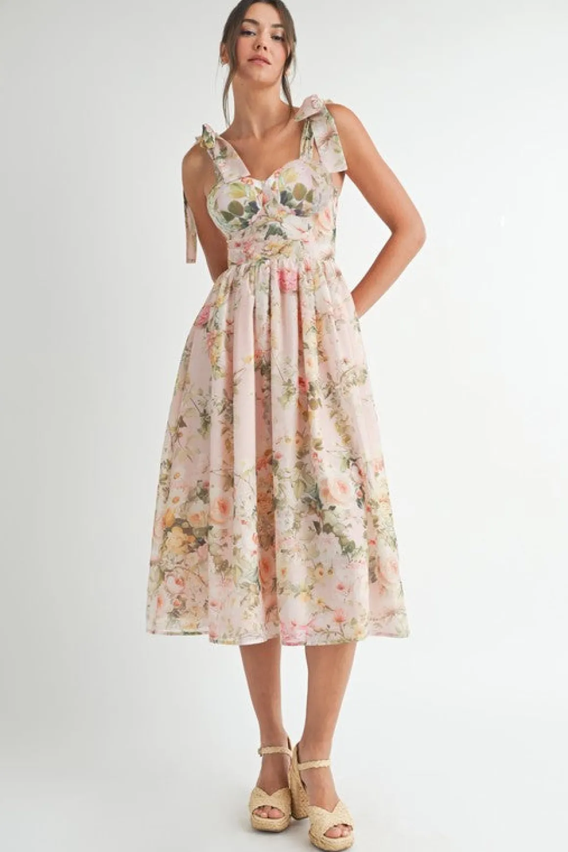 Hadley Sleeveless Shoulder Tie Floral Print Midi Dress Blush