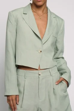 Harmony Long Sleeve Notched Lapel Linen Crop Blazer Sage