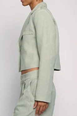 Harmony Long Sleeve Notched Lapel Linen Crop Blazer Sage