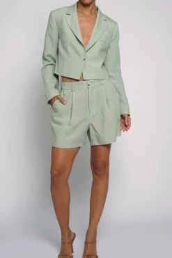 Harmony Long Sleeve Notched Lapel Linen Crop Blazer Sage