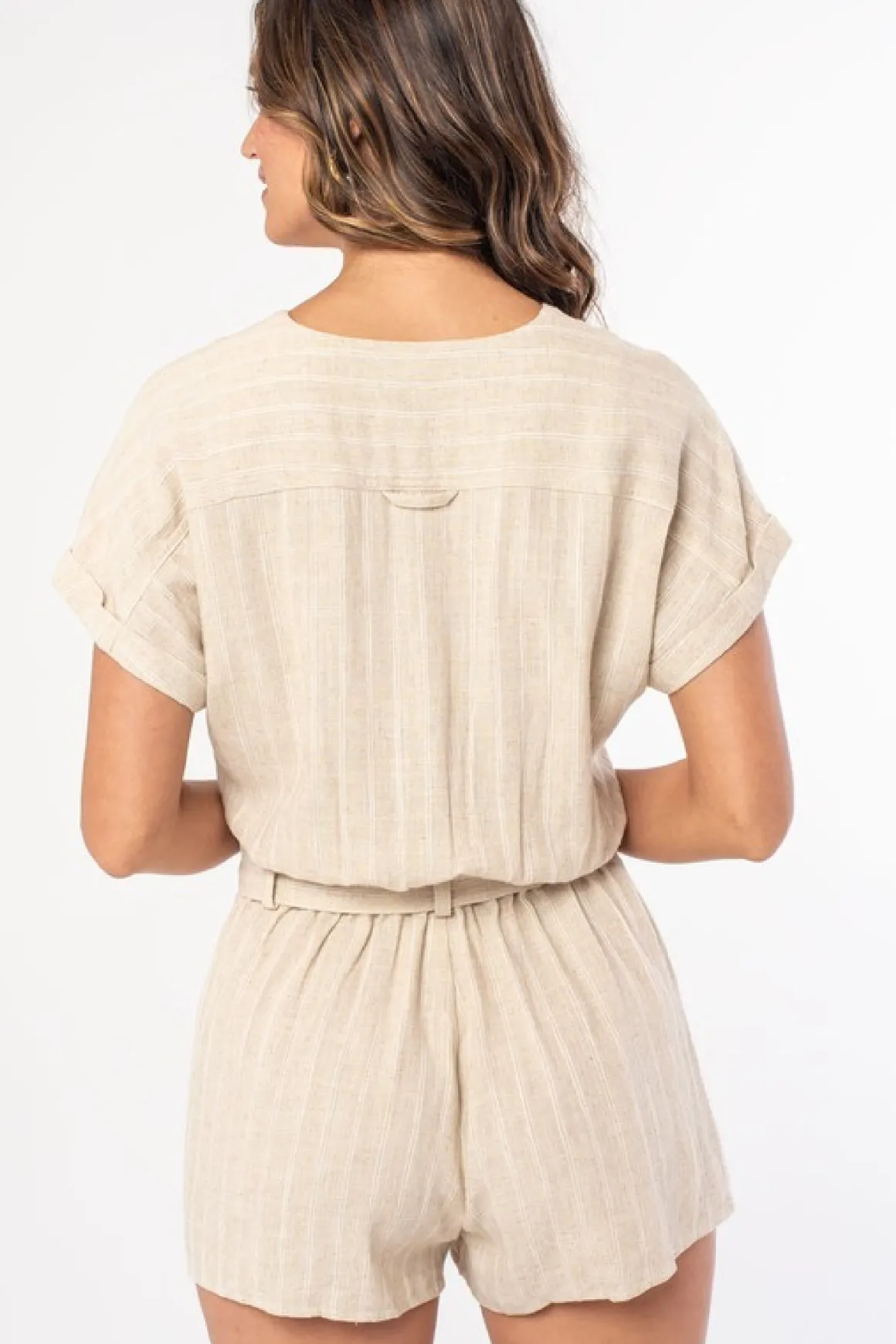 Harper Short Sleeve Stripe Print Waist Tie Linen Romper Natural