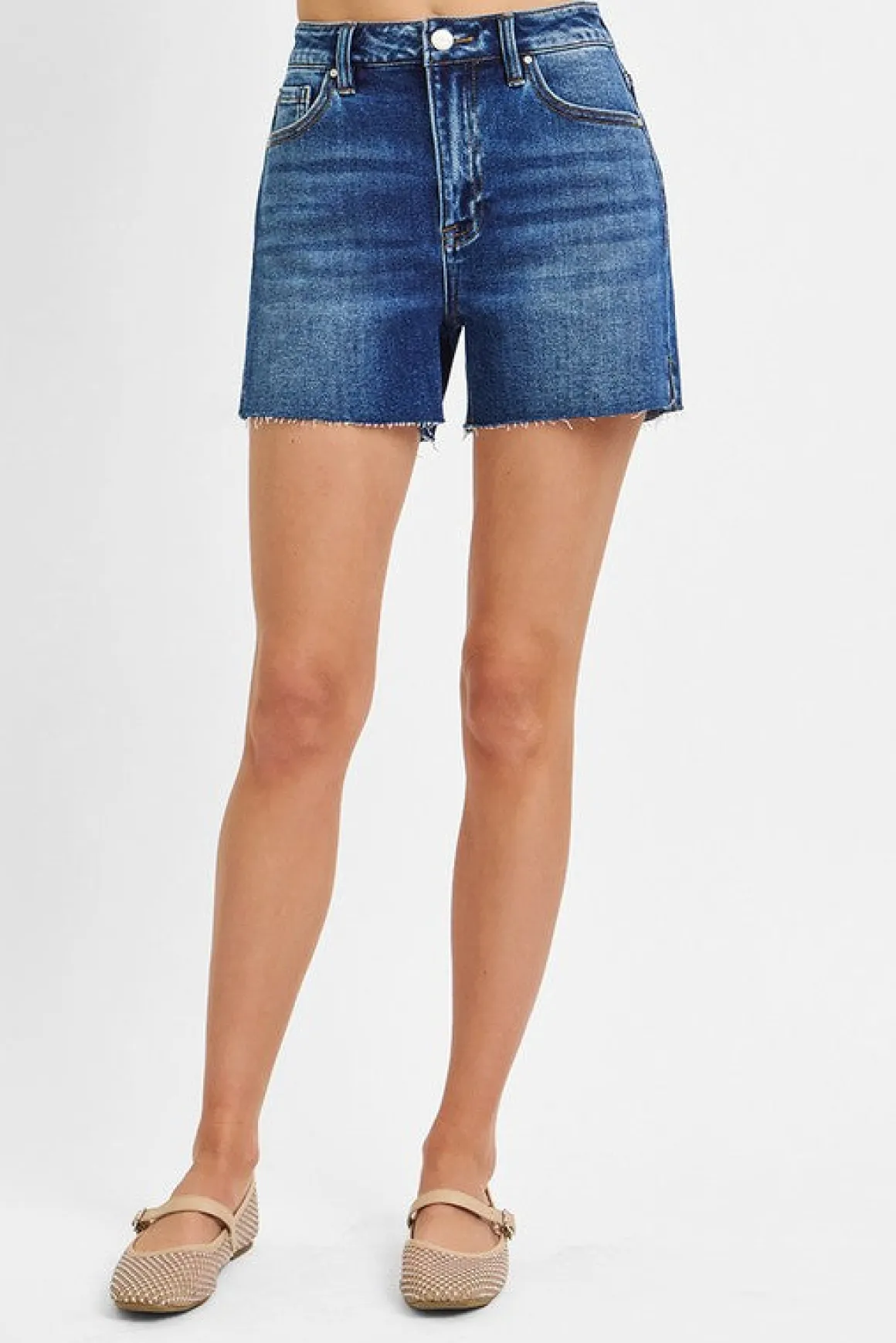 Haven High Rise Raw Hem Denim Shorts Dark Wash
