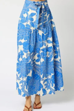 Heidi High Waist Tie Floral Print Maxi Skirt Blue
