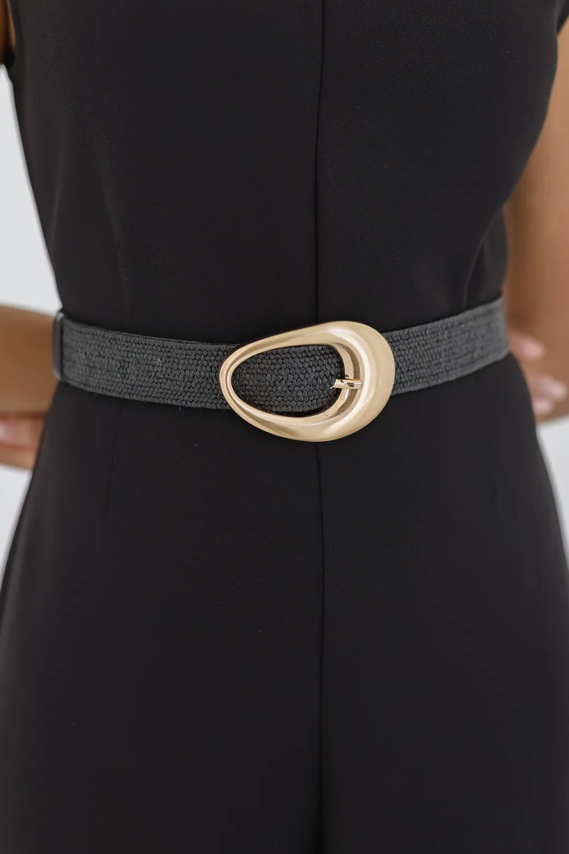 Holly Oval Buckle Straw Waist Belt Black