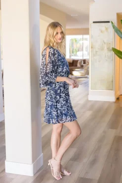Indie Long Split Sleeve Floral Print Mini Dress Navy