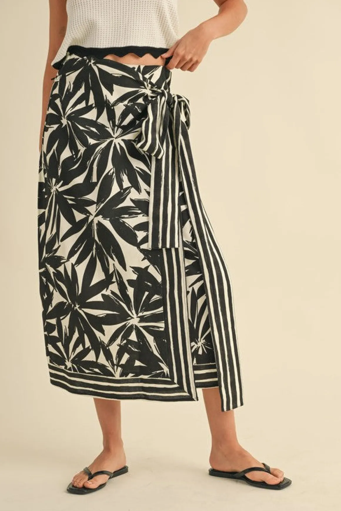Isadora High Waist Floral Print Linen Wrap Midi Skirt Black