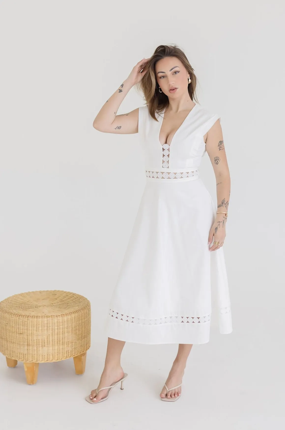 Isla Sleeveless Crochet Lace Trim Midi Dress White