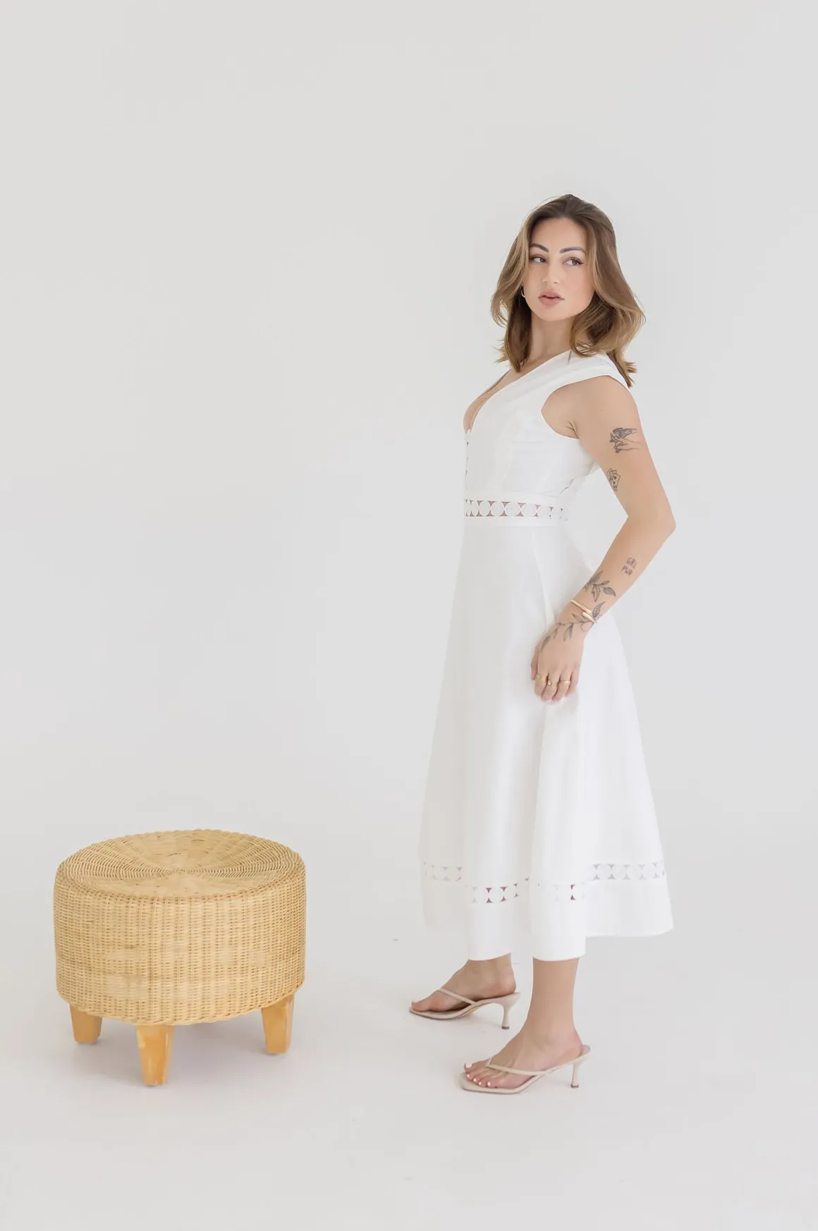 Isla Sleeveless Crochet Lace Trim Midi Dress White