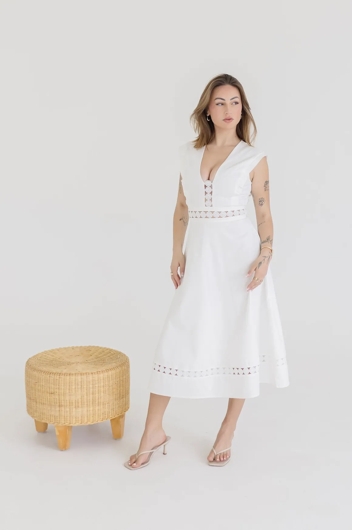 Isla Sleeveless Crochet Lace Trim Midi Dress White