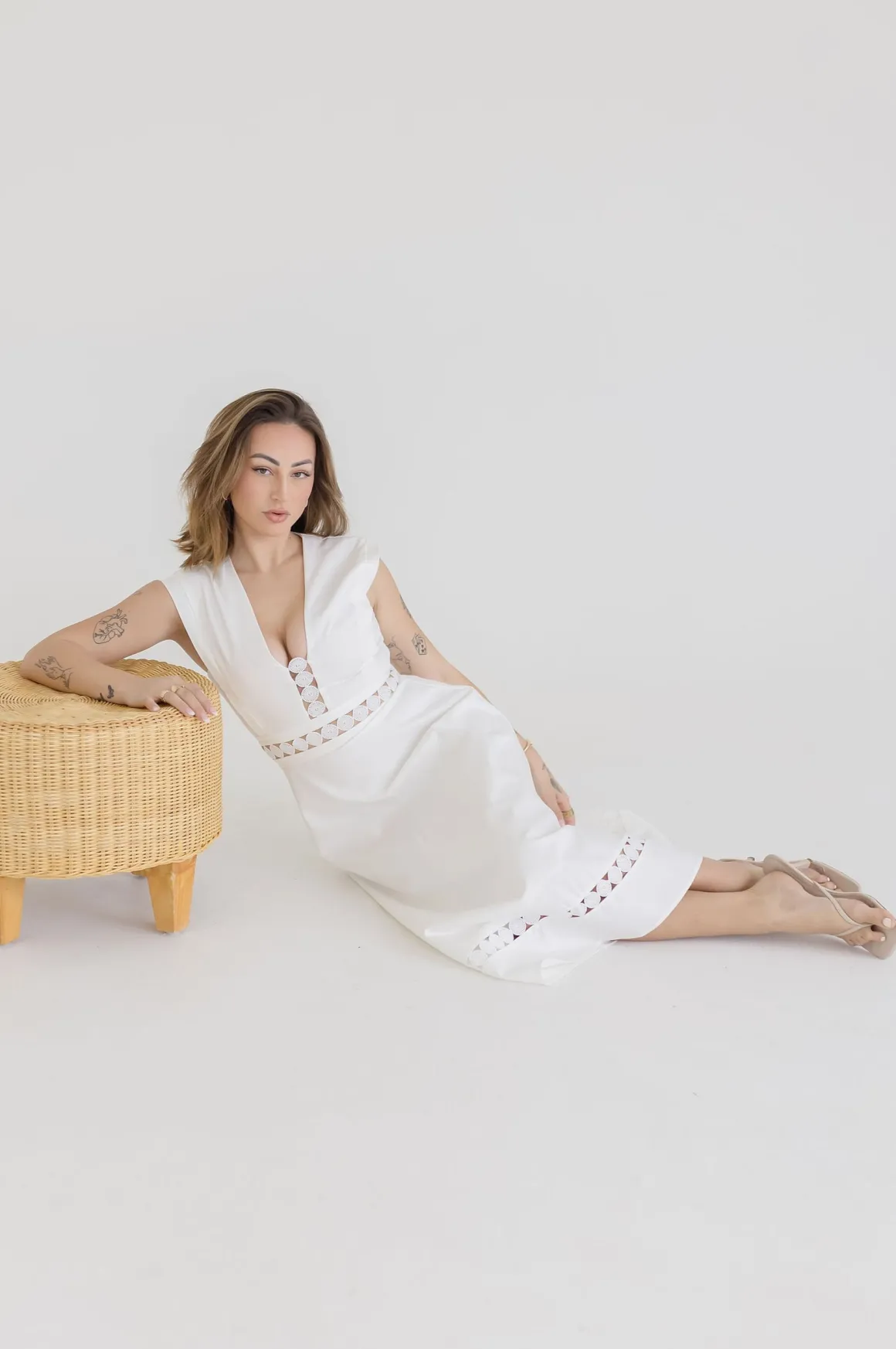 Isla Sleeveless Crochet Lace Trim Midi Dress White