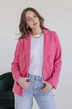 Jamie Long Sleeve Notched Lapel Double Breasted Blazer Pink
