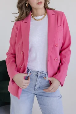 Jamie Long Sleeve Notched Lapel Double Breasted Blazer Pink