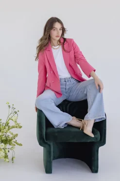 Jamie Long Sleeve Notched Lapel Double Breasted Blazer Pink
