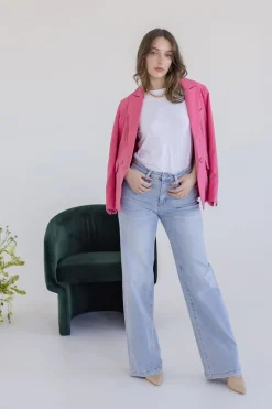 Jamie Long Sleeve Notched Lapel Double Breasted Blazer Pink