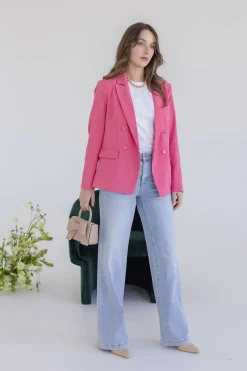 Jamie Long Sleeve Notched Lapel Double Breasted Blazer Pink