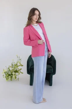 Jamie Long Sleeve Notched Lapel Double Breasted Blazer Pink