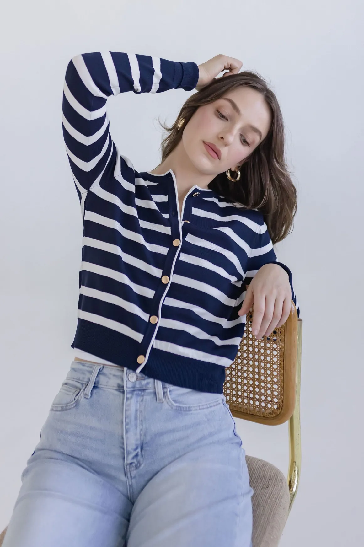 Jana Long Sleeve Button Down Stripe Print Cardigan Navy