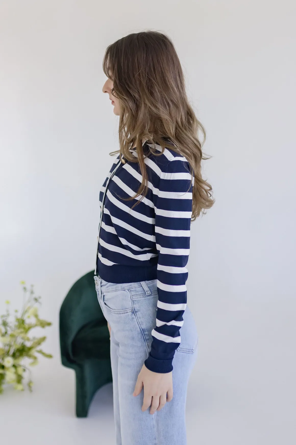 Jana Long Sleeve Button Down Stripe Print Cardigan Navy