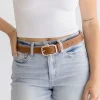 Jane Contrast Stitched Knob Bar Buckle Belt Cognac
