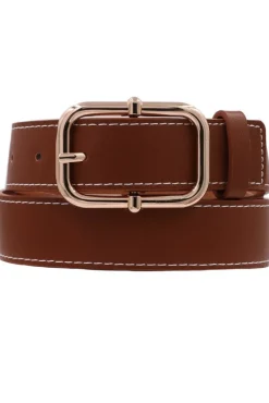 Jane Contrast Stitched Knob Bar Buckle Belt Cognac