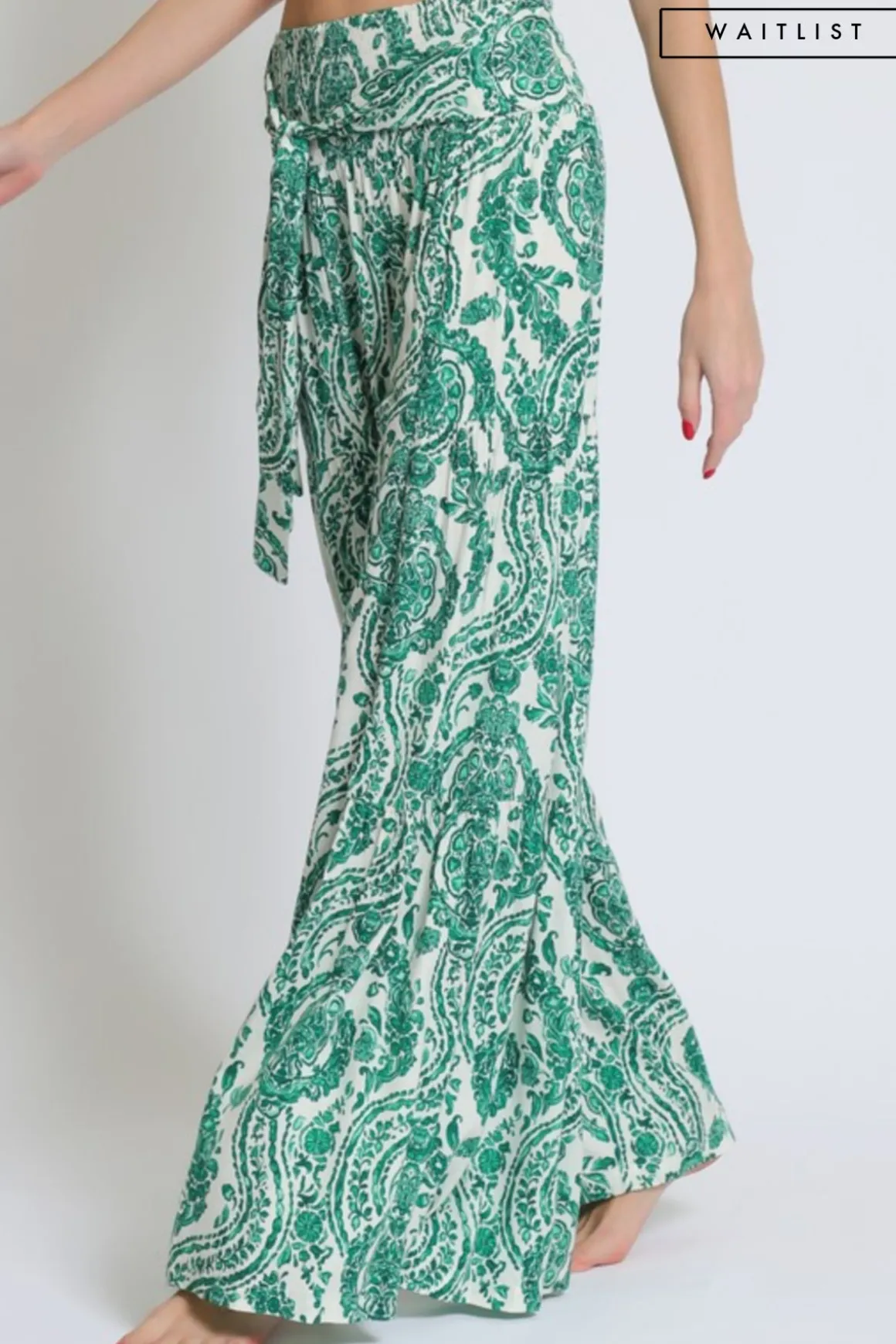 Jeanette High Waist Tie Paisley Print Wide Leg Pants Green