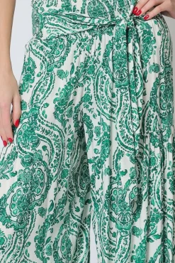 Jeanette High Waist Tie Paisley Print Wide Leg Pants Green