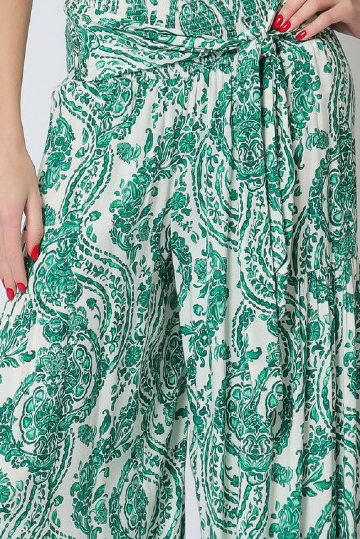 Jeanette High Waist Tie Paisley Print Wide Leg Pants Green