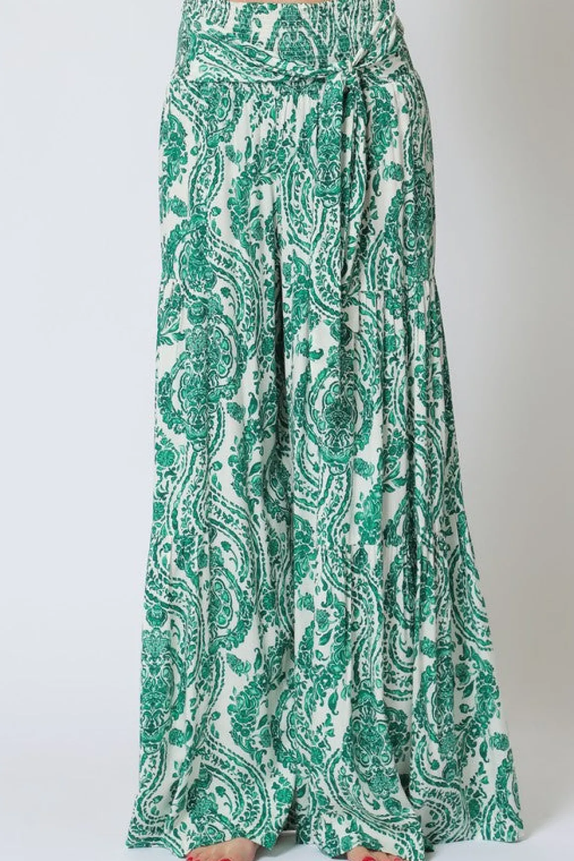 Jeanette High Waist Tie Paisley Print Wide Leg Pants Green