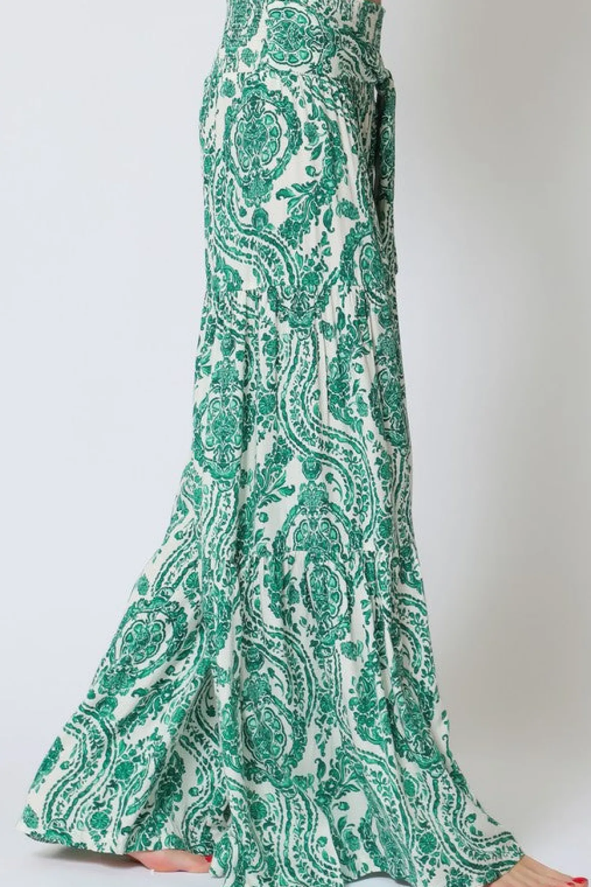 Jeanette High Waist Tie Paisley Print Wide Leg Pants Green