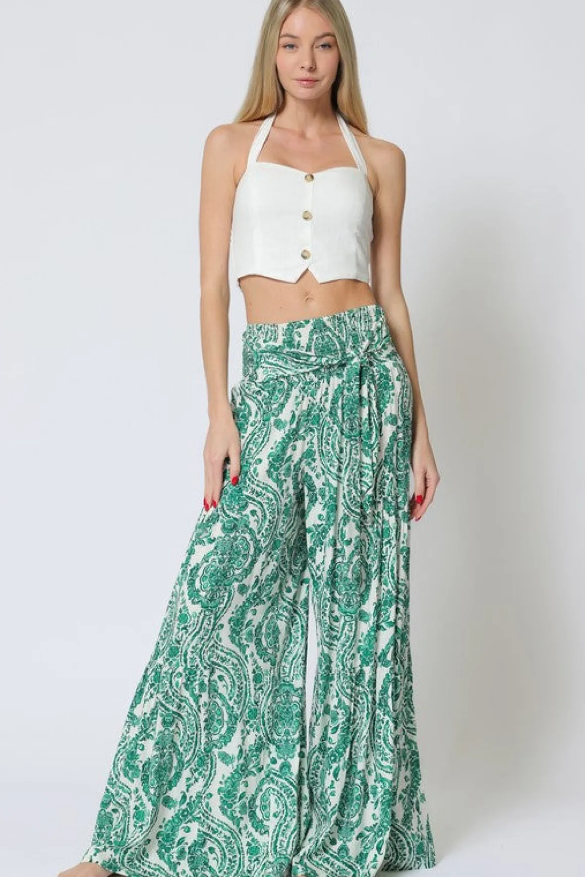 Jeanette High Waist Tie Paisley Print Wide Leg Pants Green