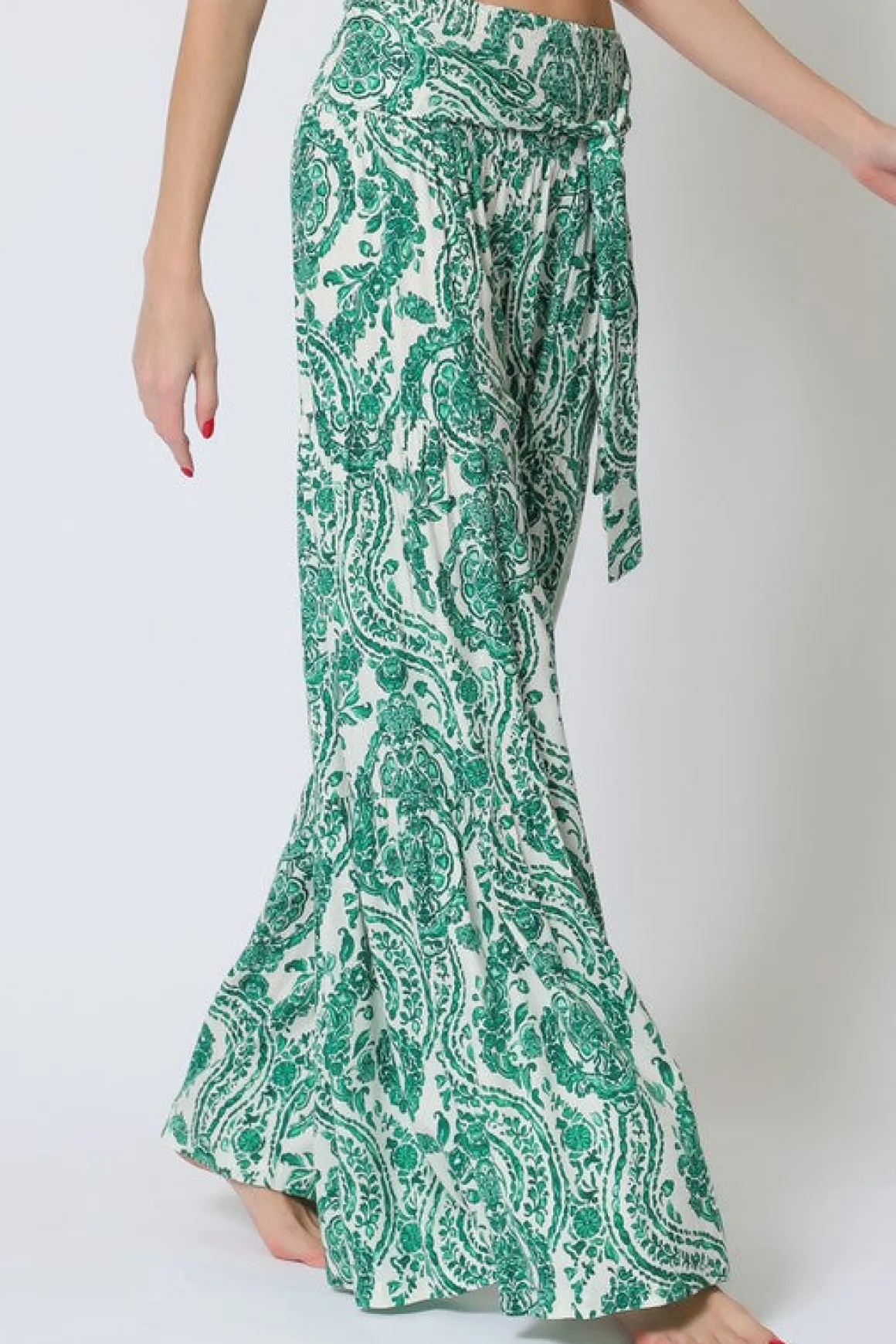 Jeanette High Waist Tie Paisley Print Wide Leg Pants Green