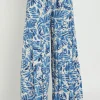 Jeanette High Waist Tie Tropical Print Wide Leg Pants Blue