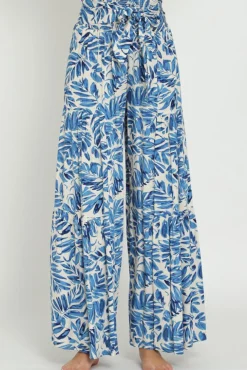 Jeanette High Waist Tie Tropical Print Wide Leg Pants Blue