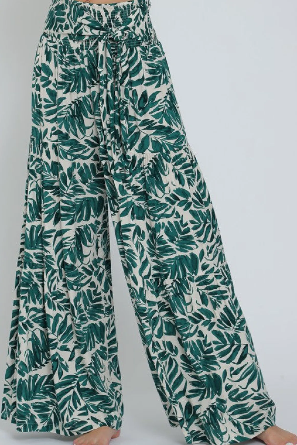 Jeanette High Waist Tie Tropical Print Wide Leg Pants Green