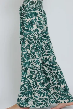 Jeanette High Waist Tie Tropical Print Wide Leg Pants Green