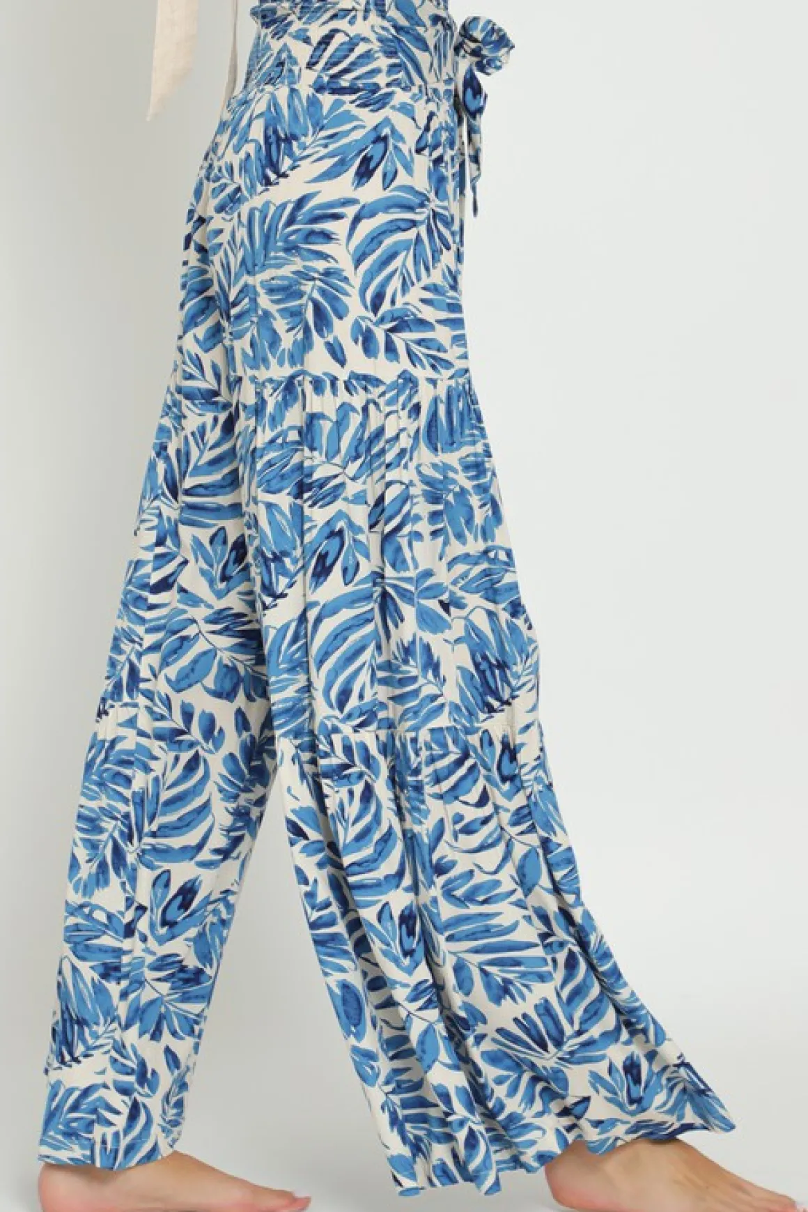 Jeanette High Waist Tie Tropical Print Wide Leg Pants Blue